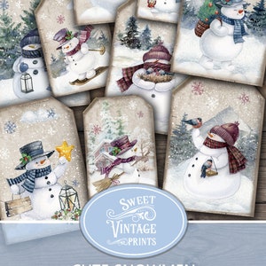 Vintage Snowman Tags, Winter Journal, Snowman Labels, Christmas Junk Journal, Winter Ephemera, Shabby snowman, instant download, printables