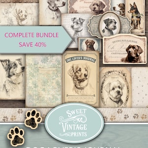 May include: A digital collage kit for junk journaling featuring vintage illustrations of dogs. The kit includes images of various dog breeds, including a Labrador Retriever, a Border Collie, a Jack Russell Terrier, and a Golden Retriever. The images are in black and white and have a vintage aesthetic. The kit also includes several labels and tags with text in French and English. The text includes the words "Dog Lover's Journal", "Sweet Vintage Prints", and "Junk Journal Kit".