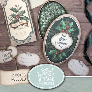 Druckbare DIY Weihnachtsgeschenkbox, Urlaub Geschenkbox Digitaler Download, Weihnachtsgeschenkverpackung Kit, Holly Digital Geschenkbox, Vintage Box Print