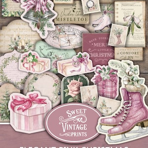 Elegante rosa Weihnachten Ephemera, Weihnachten Junk Journal Ephemera, rosa Weihnachten Printables, elegante klassische Weihnachten Junk Journal Download