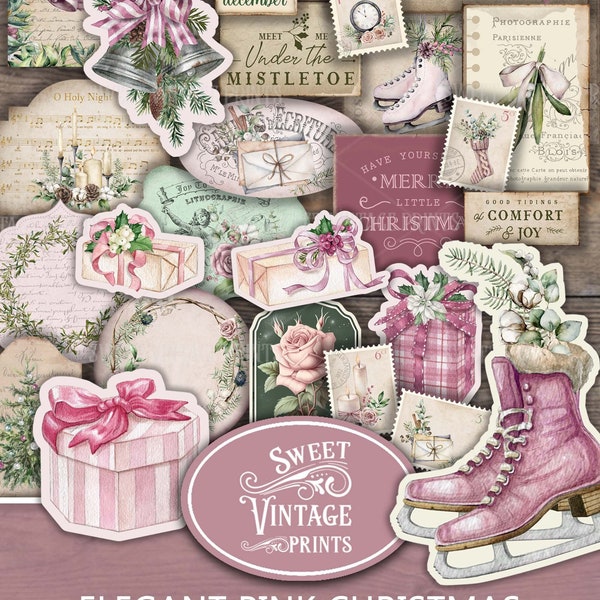 Elegant Pink Christmas Ephemera, Christmas Junk Journal Ephemera, Pink Christmas Printables, Elegant Classic Christmas Junk Journal Download