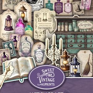 Junk Journal Ephemera Witchcraft, Witch Ephemera Pack, Halloween Junk Journal Ephemera, Witch Wizzard Printables, witch digital download,
