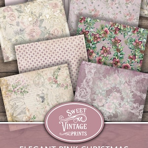 Pacote de papel digital elegante de Natal rosa, papéis de diário de lixo rosa de Natal, coisas efêmeras de diário de Natal rosa, imprimíveis de Natal rosa