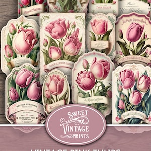 Vintage rosa Tulpen Ephemera Tags, Tulip Labels, Tulip Junk Journal, Tulip Ephemera, Shabby rosa Tulpen, Tulip printables, Tulpe download