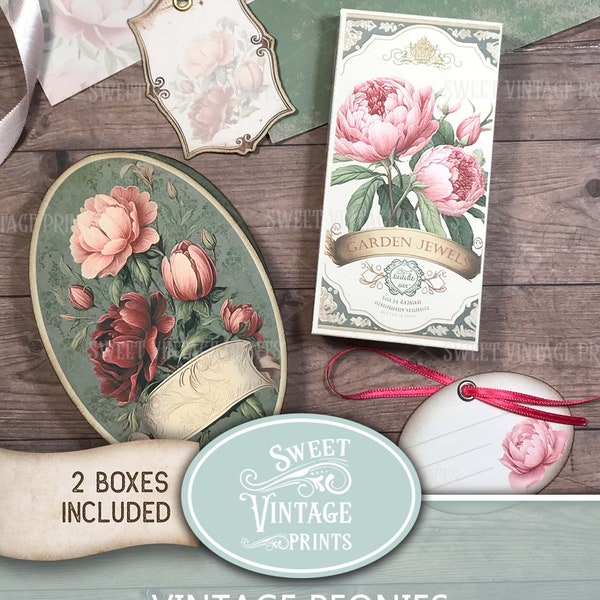 Printable Boxes Peonies | Vintage Peony Gift Box Set | DIY Paper box digital download | Sweetvintageprints pns