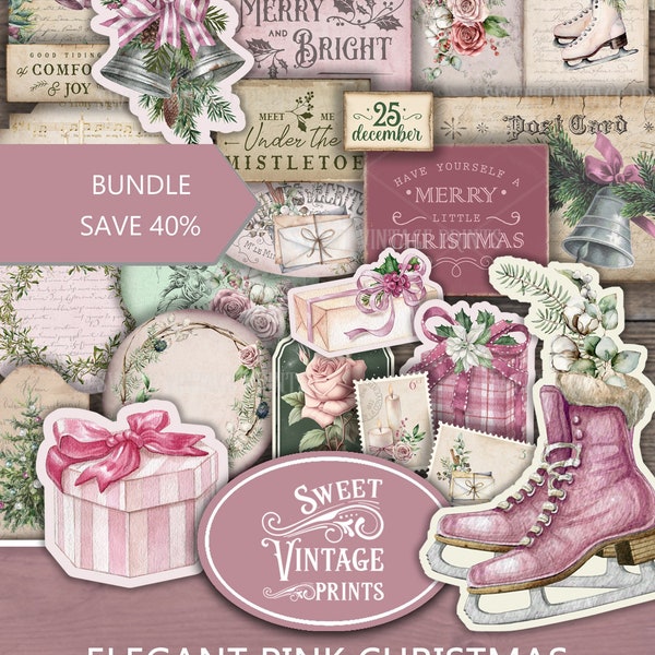 Pink Christmas Junk Journal BUNDLE, Elegant Pink Christmas Printable Journal, Christmas Ephemera Kit, Christmas Pink Download Digital Kit