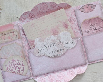 Folio, Damast, printable, beladen Umschlag, pink, Junk Journal, Ephemera, Journal Pages, Journal Kit, rose, Papiere, Tags, digitaler Download,