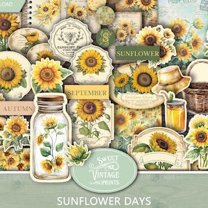 Sunflower Junk Journal Ephemera | Sunflower Printable Tags & Labels | Sunflower Digital Download PDF | Sweetvintageprints | sfl