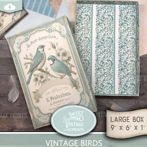 Junk Journal Box Vintage Birds | STOR utskrivbar låda | DIY presentaskbok | Presentfodral digital nedladdning | Sweetvintageprints lbx vbd