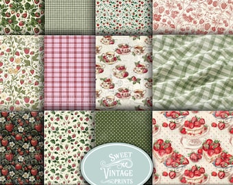 Vintage jordgubbs-skräpjournalpapper | Digitalt papperspaket med bär | Digital nedladdning av utskrivbara sommarträdgårdar | Sweetvintageprints | sbs