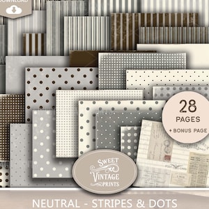 Stripes & Dots Journal Pages | Digital Download Neutral Paper Pack | Vintage Craft Paper Printable Kit | Sweetvintageprints std