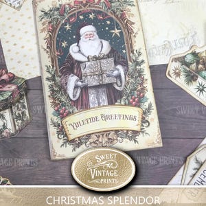 May include: A Christmas-themed junk journal folio featuring Santa Claus holding gifts, with the text "Yuletide Greetings." The image has a vintage aesthetic with decorative elements and the text "Christmas Splendor."