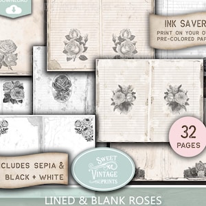 Pagine di diario Shabby Rose Junk / Download digitale con risparmio di inchiostro / Pagine di riempimento per diario a righe e vuote / Stampabile con rosa seppia / SweetVintagePrints