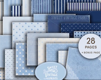 Stripes & Dots Junk Journal | Antique Blue Digital Paper | Denim Printable Paper Kit | Baby Blue Download | Sweetvintageprints | bbp fbg std
