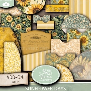 Puede incluir: Una colección de efímeras de papel digital con diseños de girasoles y florales. El surtido incluye bolsillos, solapas y carpetas en tonos de amarillo, verde y crema. El texto "SUNFLOWER DAYS" y "SWEET VINTAGE PRINTS" es visible.