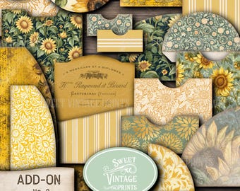 May include: A collection of digital paper ephemera with sunflower and floral designs. The assortment includes pockets, flaps, and folders in shades of yellow, green, and cream. The text "SUNFLOWER DAYS" and "SWEET VINTAGE PRINTS" are visible.