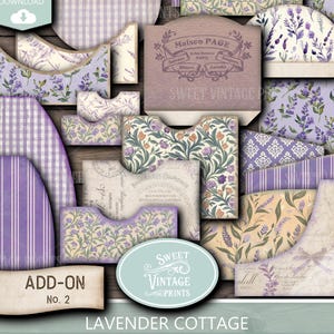 Puede incluir: Una colección de efímeras de papel digital con un tema de casa de campo de lavanda. Los diseños incluyen bolsillos, solapas y carpetas con patrones florales y a rayas en tonos de morado, crema y verde. Las palabras "Sweet Vintage Prints" y "Digital Download" son visibles.