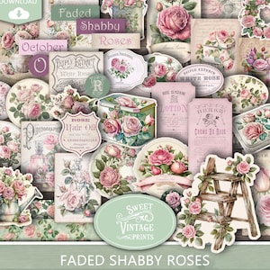 Shabby Rose Junk Journal Ephemera | Etiquettes imprimables Fleurs roses | Rose vintage numérique Télécharger le PDF | Sweetvintageprints | fsr