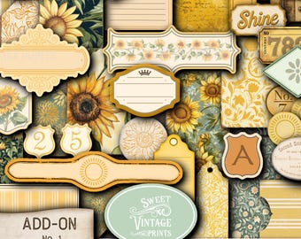 May include: A collection of vintage-style tags, tabs, and tidbits with a sunflower theme. The design features various shapes, including labels, shields, and price tags, in shades of yellow, cream, and green. Text includes "Sunflower Days" and "Sweet Vintage Prints".