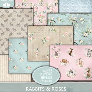 Kaninchen & Rosen Digital Paper Pack | Französisches Kaninchen Junk Journal | Hase Printable Papier | Ostern Junk Journal Download | Süße Vintageprints
