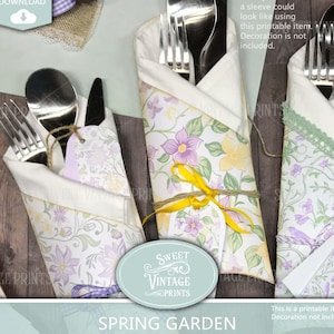 May include: Printable spring garden silverware sleeves with a floral design in shades of purple, yellow, and green. The sleeves are wrapped around silverware and tied with a yellow ribbon. The text "Sweet Vintage Prints" and "Spring Garden Silverware Sleeves" is visible.