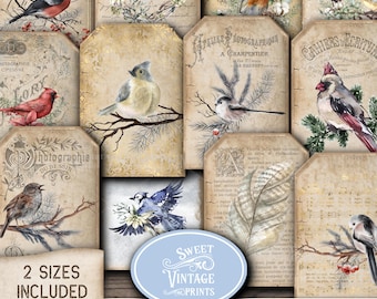 Vintage Winter Bird Tags | Christmas Junk Journal Ephemera | Printable Holiday Gift Labels Digital Download | Sweetvintageprints cht