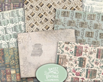 May include: A set of 8 digital papers featuring vintage book designs. The papers have a variety of patterns, including bookshelves, floral designs, and typewriter keys. The papers are perfect for scrapbooking, card making, and other paper crafts.