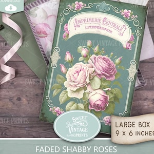 May include: A vintage-style junk journal box with a teal cover featuring a floral design of pink roses. The box is labeled "Faded Shabby Roses" and measures 9 x 6 inches. Includes a digital download option.