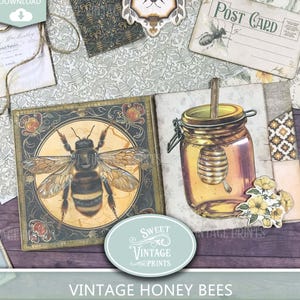 May include: A selection of vintage paper items with a honey bee theme. Includes a postcard, a jar of honey, and a large bee illustration. The text reads "Vintage Honey Bees" and "Junk Journal Folio Kit".