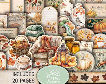 Autumn Junk Journal Ephemera | Fall Cottage Printable Tags Labels | Autumn Cozy Cottagecore Digital Download PDF | Sweetvintageprints | acc