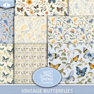 May include: A set of six digital papers featuring vintage butterfly designs. The papers feature a variety of patterns, including butterflies on a floral background, butterflies on a damask pattern, and butterflies on a solid blue background. The papers are perfect for scrapbooking, card making, and other craft projects.