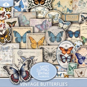 Schmetterling Junk Journal Ephemera | Vintage druckbare Tags Etiketten | Vintage Schmetterlinge Digitaler Download PDF | Süße vintageprints | btf