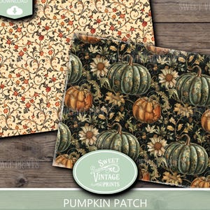 Könnte beinhalten: Zwei Blätter dekorativen Papiers mit Vintage-Blumen- und Kürbismustern. Ein Blatt hat einen cremefarbenen Hintergrund mit roten und braunen floralen Designs. Das andere hat einen schwarzen Hintergrund mit grünen und orangefarbenen Kürbissen, Sonnenblumen und Blättern. Der Text "Pumpkin Patch" und "Decorative Papers" ist sichtbar.