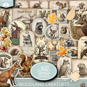Efímeras imprimibles de animales del bosque, criaturas del bosque otoñal, descarga digital en PDF de animales del bosque / Sweetvintageprints wlc