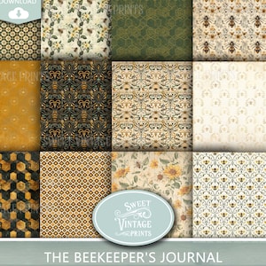 Può includere: Una collezione di carte decorative con vari motivi vintage. I disegni includono motivi floreali, geometrici e di api nei toni dell'oro, del verde e della crema. Il testo "The Beekeeper's Journal" e "Decorative Papers" è visualizzato in basso.