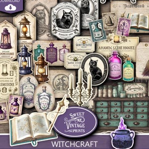 Pacote de itens de bruxa do Junk Journal | Papéis de bruxaria | Download digital do Junk Journal de Halloween | Imprimíveis do Wizzard | Sweetvintageprints wtc