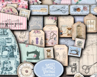 Pode incluir: Uma coleção de efemérides de costura vintage, incluindo etiquetas, selos e postais. O design apresenta máquinas de costura, tesouras, carretéis de linha e detalhes florais. A paleta de cores inclui azuis, rosas e cremes suaves, com texto que diz "Sweet Vintage Prints" e "Vintage Sewing".