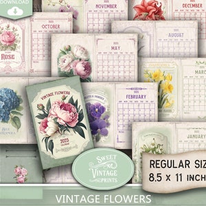 Afdrukbare kalenderpagina's voor 2025 kalender met normaal formaat | Vintage bloemenkalender | Digitale download DIY-planner | Sweetvintageprints