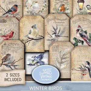 Vintage Winter Vogel Anhänger | Weihnachten Junk Journal Ephemera | Druckbare Urlaub Geschenkaufkleber Digitaler Download | Süße Vintageprints
