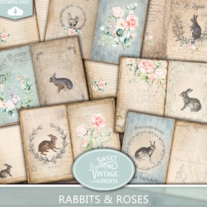 Rabbits & Roses Junk Journal Pages | French Hare Printable Papers | Easter Journal Digital Download | Sweetvintageprints