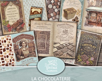 May include: A collection of vintage-style printable junk journal pages featuring images of chocolate, a chocolate shop, and text in French. The pages are decorated with ornate borders and typography.