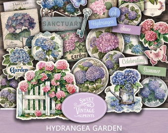 Op de afbeelding: Een verzameling vintage-stijl illustraties van hortensia bloemen, perfect voor scrapbooking of knutselen. De afbeeldingen tonen hortensias in verschillende tinten blauw, roze en paars, samen met andere tuinelementen zoals een poort, een gieter en een vlinder. De tekst "Hydrangea Garden Ephemera Tags & Labels" is ook inbegrepen.