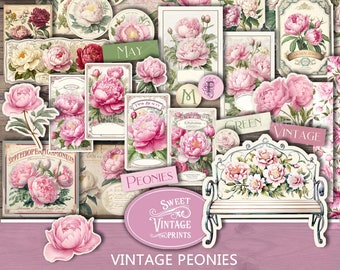 Peonies Junk Journal Ephemera | Etiquettes imprimables pivoine rose | vintage Fleurs numériques | Pivoines télécharger le PDF | sweetvintageprints pns