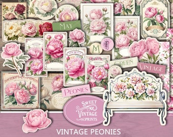 Peonías Junk Journal Ephemera / Etiquetas y etiquetas imprimibles de peonía rosa / Flores vintage digitales / Peonías descargar PDF / sweetvintageprints pns