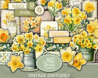 Daffodils Junk Journal Ephemera PDF | Spring Printable Tags & Labels | Vintage Flowers Digital Download | Sweetvintageprints | dfd