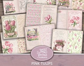 Tulpen Junk Journal Seiten | Frühling Printables | Vintage rosa Tulpen digitaler Download | süßesvintageprints tlp