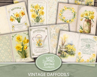 May include: Vintage printable junk journal pages featuring daffodils, a watering can, a bench, and a jar of daffodils. The pages have a vintage aesthetic with text in French and English.