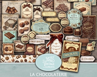May include: A collection of vintage-style chocolate ephemera tags and labels. The tags feature illustrations of chocolate bars, candies, and boxes, along with text such as "Chocolate Candy Finest Quality" and "Sweet Dreams".