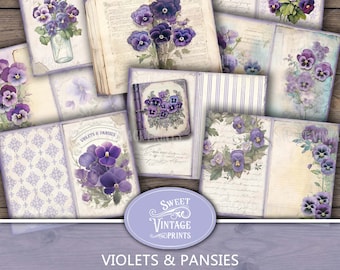 Violets & Pansies Junk Journal Pages, Spring Printables, Vintage Pansies Digital Download, sweetvintageprints vpa