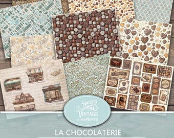 May include: A set of 8 digital papers featuring a chocolate theme. The papers include various patterns and designs, such as chocolate bars, sweets, and a vintage chocolate shop. The papers are perfect for scrapbooking, card making, and other craft projects.